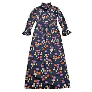 Vintage 70s Retro Floral Pattern Black Dress Ruffle Long Sleeve Handmade Small